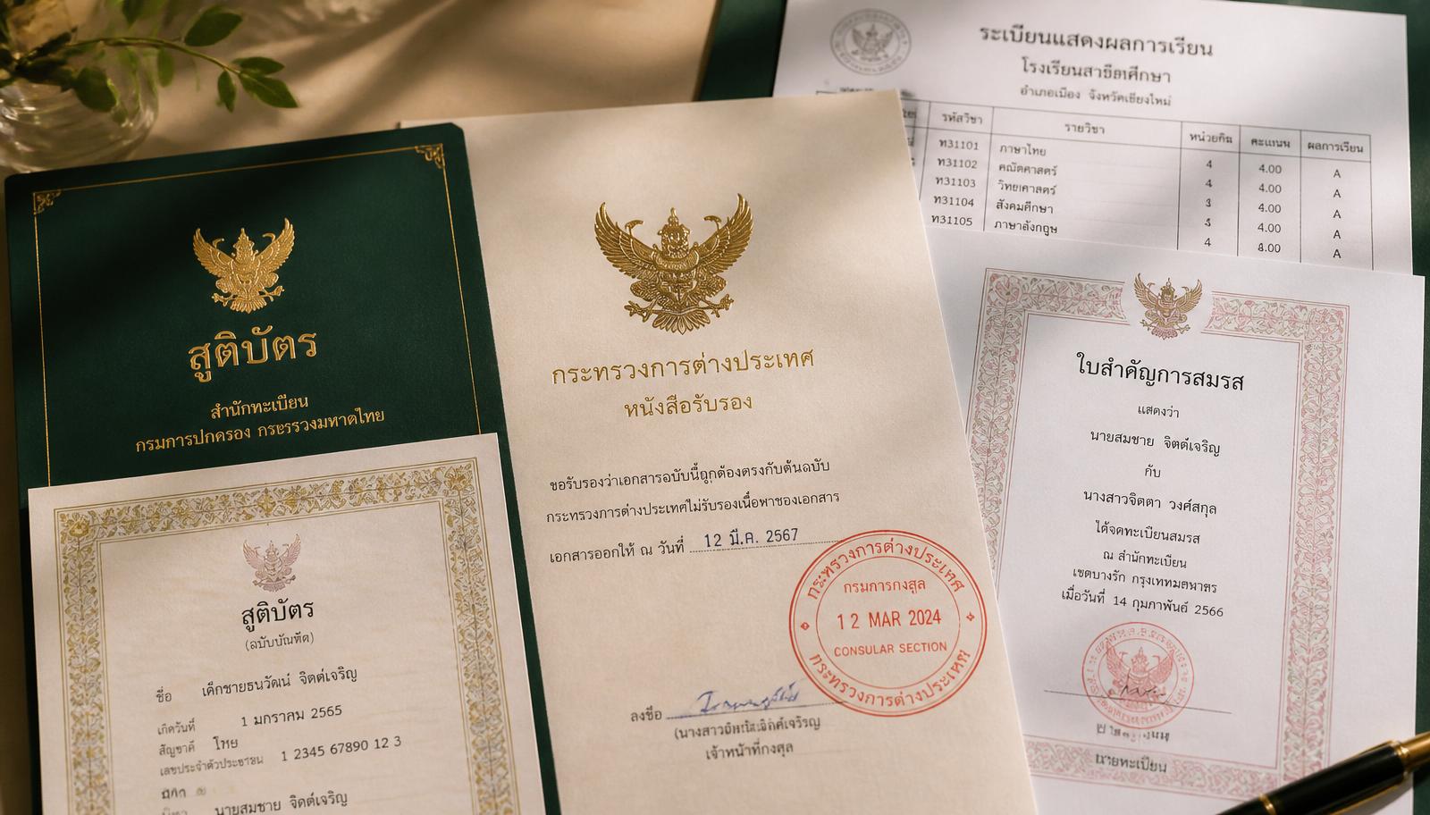 เอกสารทะเบียนราษฎรไทยพร้อมตราครุฑและตราประทับกงสุล MFA