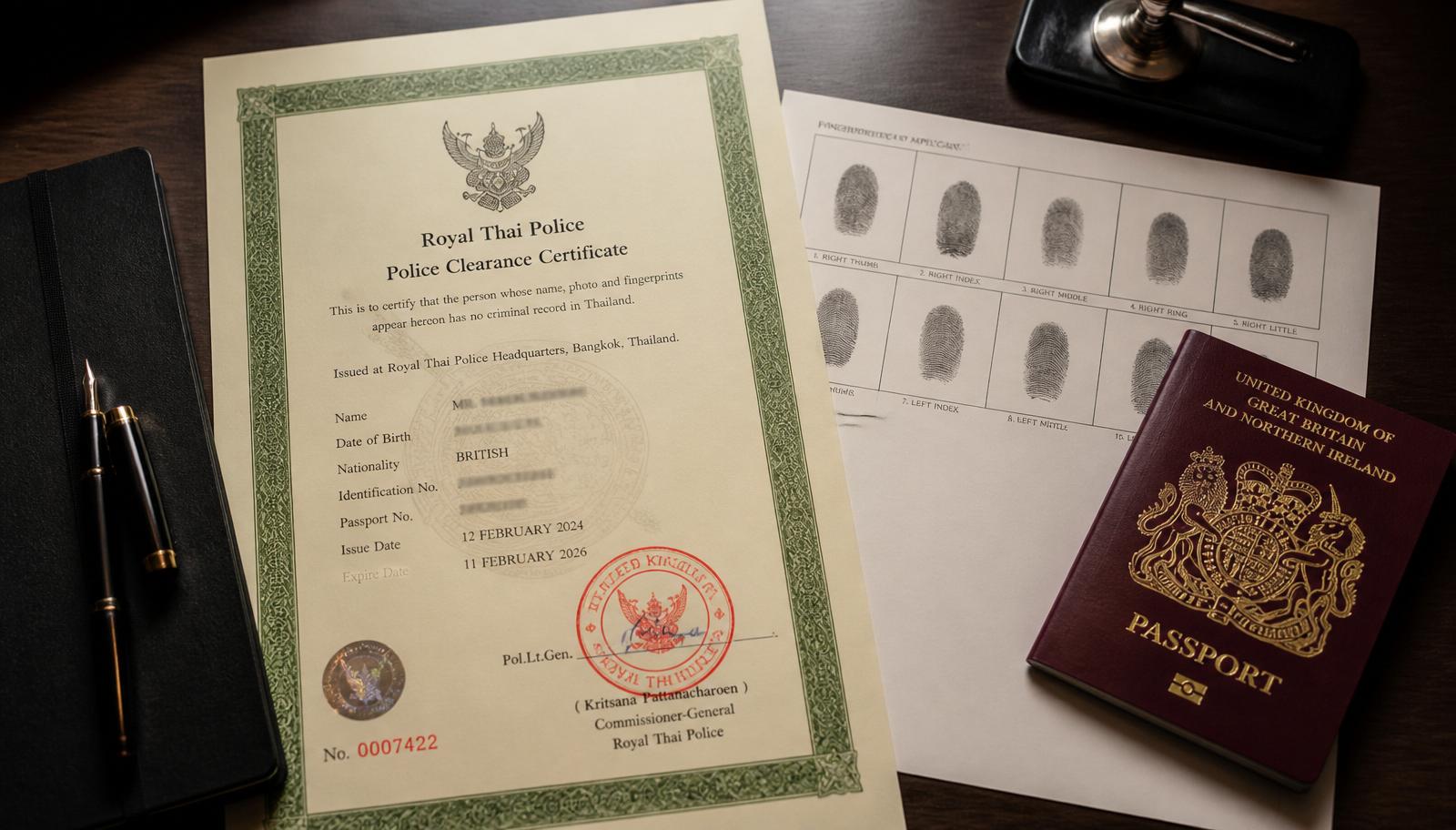 Royal Thai Police Clearance Certificate พร้อม fingerprint card และ passport