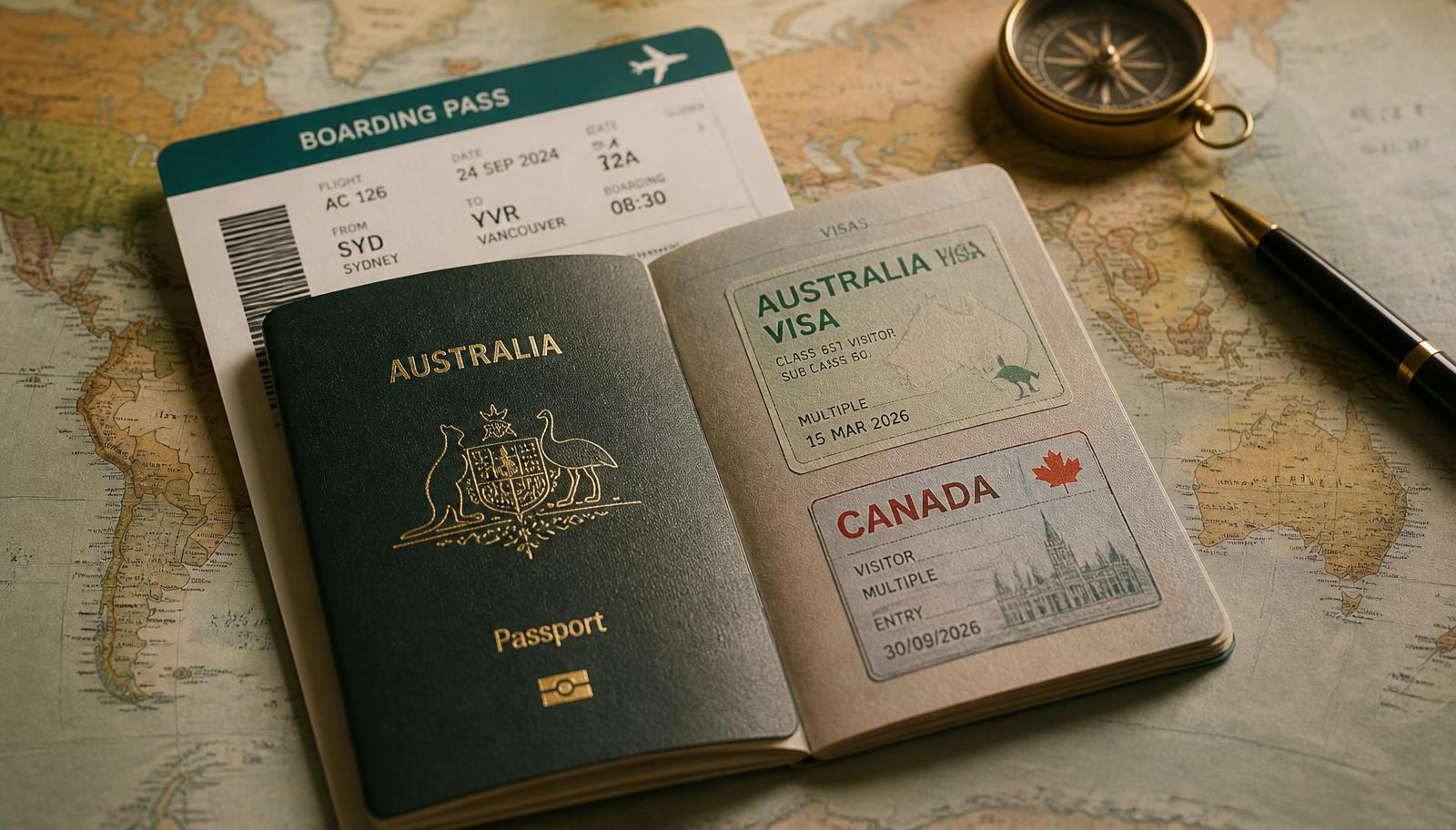 Passport พร้อม visa ออสเตรเลียและแคนาดา กับ boarding pass และแผนที่โลก
