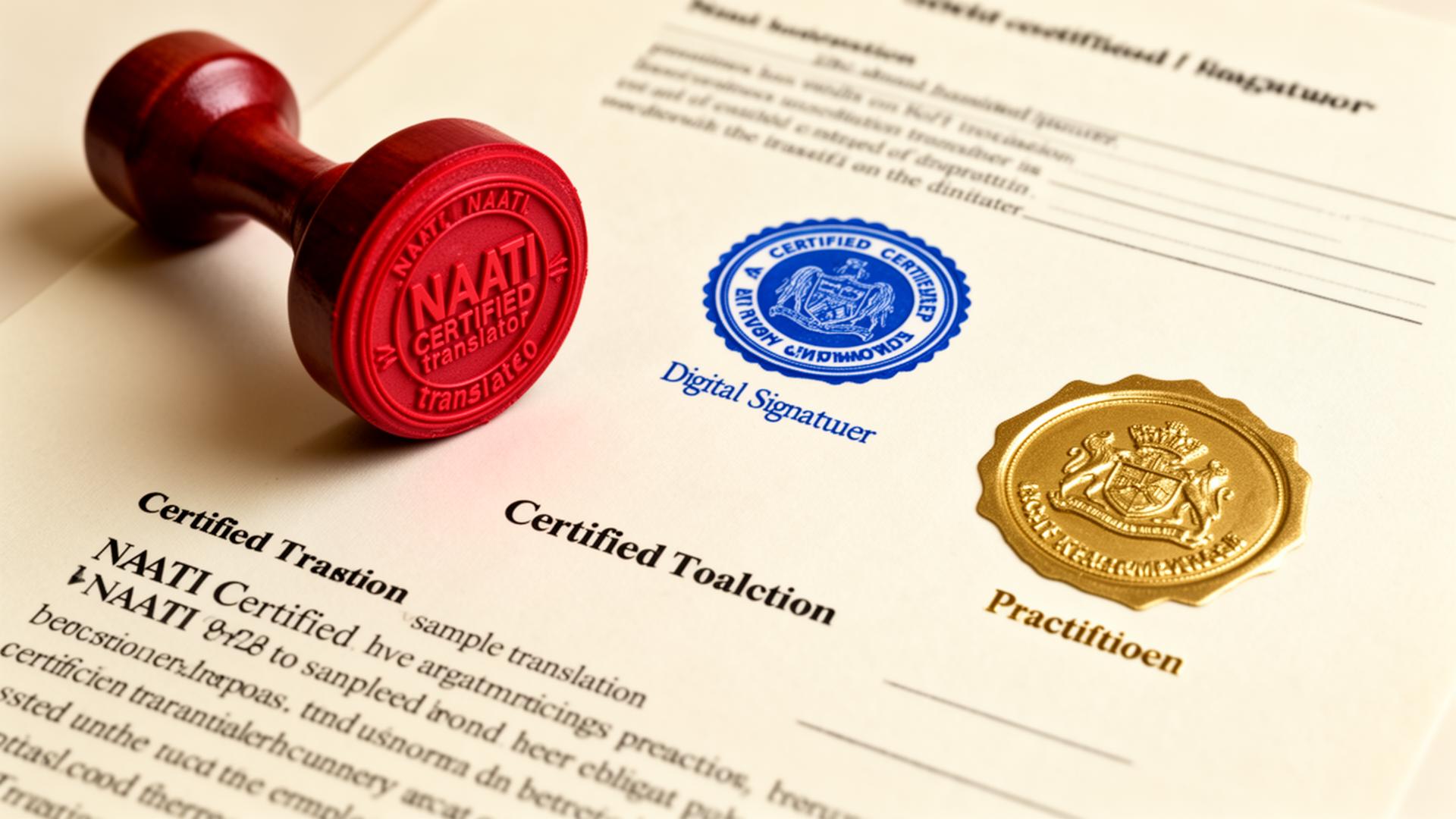 NAATI certified translator stamp, digital signature seal, embossed practitioner seal