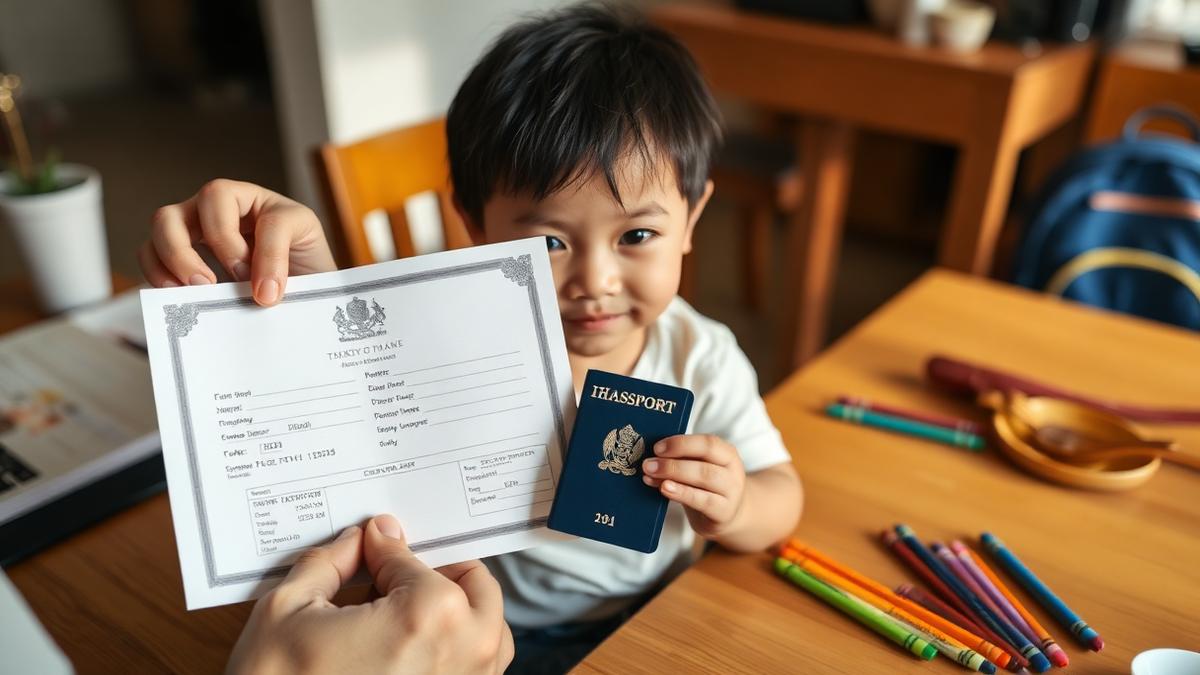 ผู้ปกครองถือสูติบัตรไทยและหนังสือเดินทางของบุตรที่โต๊ะอาหารในบ้าน